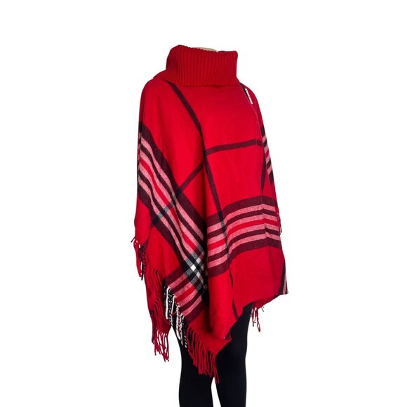 Talbots Women's Red Plaid Poncho With Fringe Hem & Turtleneck Sweater Sz M/L-NEW - Picture 2 of 8
